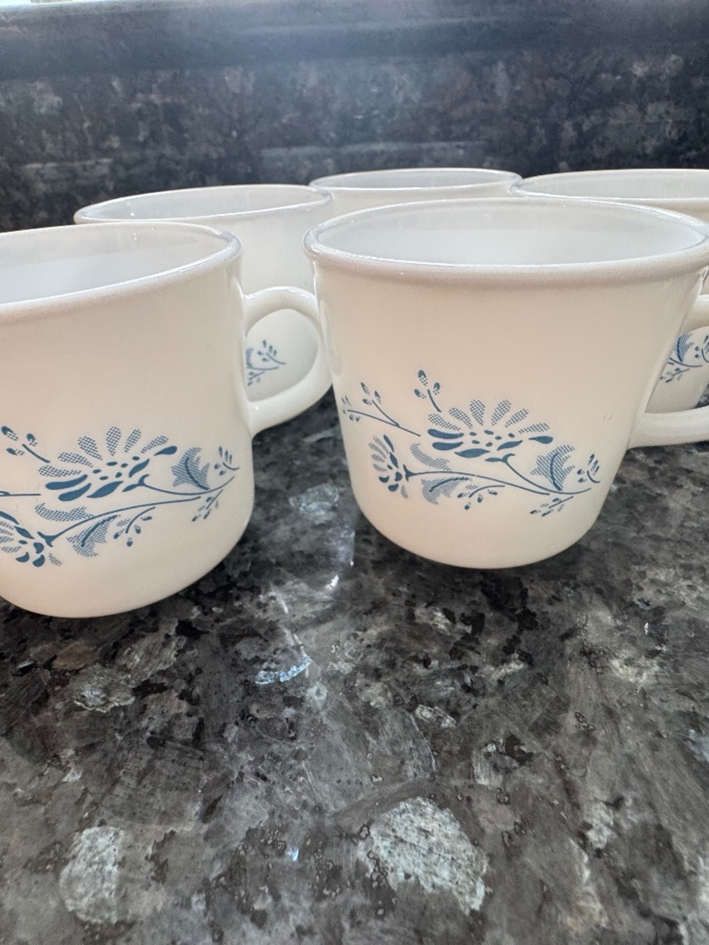 5 Vintage Corelle CORNING Coffee Mugs COLONIAL MIST  Blue Floral Print Excellent